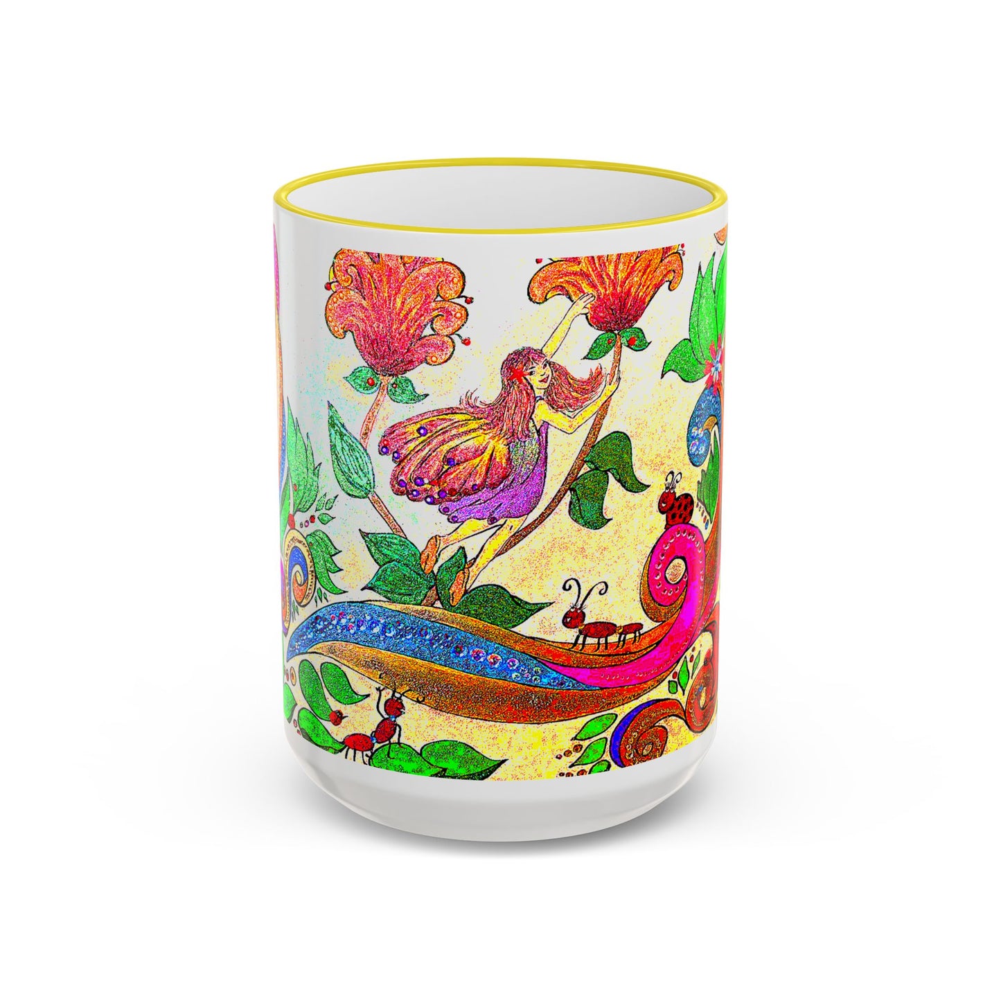Accent Rim & Handle Mug from the Land of Wind Fairies™- Amelia's Flowers (11oz, 15oz)
